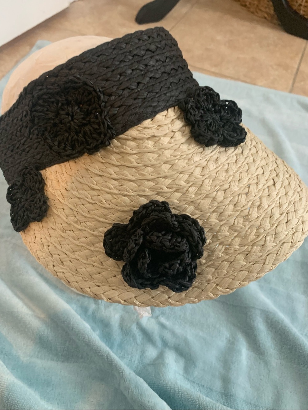 Steve Madden Beige Straw Visor with Black Crochet Flowers